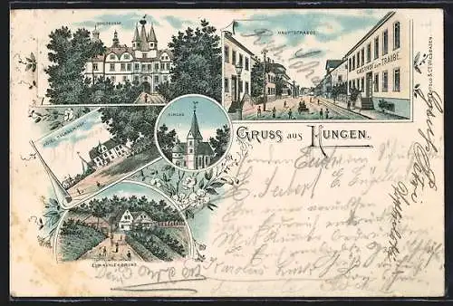 Lithographie Hungen, Hauptstrasse, Schlosshof, Hotel Solmser Hof, Kirche