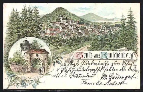 Lithographie Rauschenberg / Hessen, Ortsansicht mit Schlossbergtor