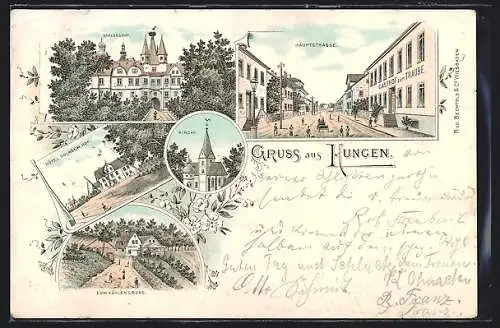 Lithographie Hungen, Hotel Solmser Hof, Hauptstrasse, Schlosshof, Kirche, Gasthaus zum kühlen Grund