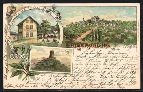 Lithographie Hohensolms, Gasthaus v J. Fuhrer, Alter Berg mit Turm