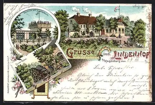 Lithographie Magdeburg, Gasthaus LIndenhof, Veranda mit Aussichtsturm, Turm-Ruine