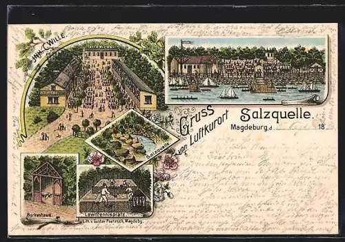 Lithographie Magdeburg, Kurhaus Salzquelle, Borkenhaus, Lawntennisplatz