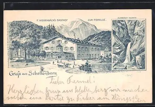 Lithographie Marktschellenberg, F. Weisenbäck`s Gasthof zur Forelle und Almbach-Klamm