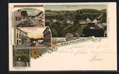 Lithographie Obergünzburg, Alter Markt, Steingasse, Reverdys-Quelle, Pferdekutsche