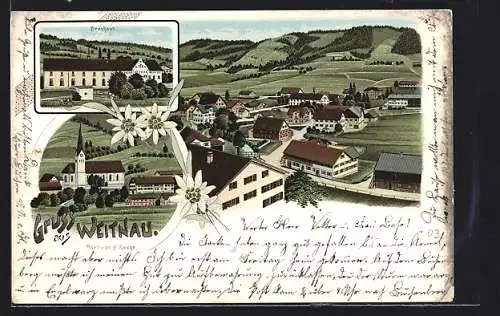 Lithographie Weitnau, Panorama, Brauhaus, Partie mit Kirche