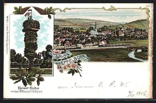 Lithographie Eppelborn, Teilansicht mit Kirche, Kaiser-Eiche