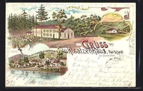 Lithographie Scheidt /Saarbrücken, Stuhlsatzenhaus, Forsthaus, Ortsansicht