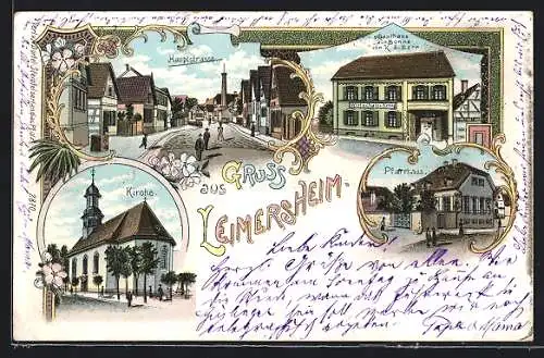 Lithographie Leimersheim, Gasthaus zur Sonne v. K. J. Serr, Hauptstrasse, Kirche, Pfarrhaus