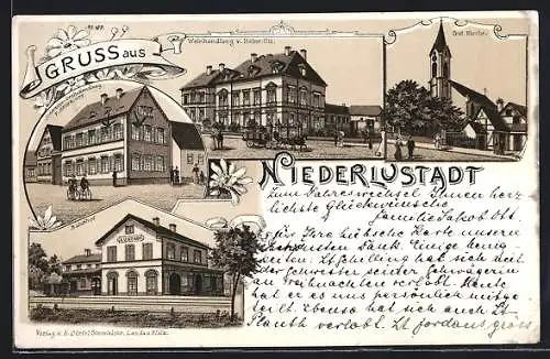 Lithographie Niederlustadt, Bahnhof, Weinhandlung v. Heinrich Ott, Schweine-Grosshandlung