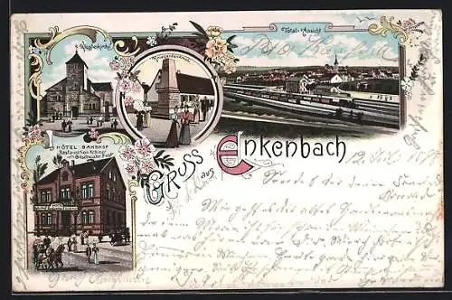 Lithographie Enkenbach, Hotel Bahnhof, Klosterkirche, Kriegerdenkmal
