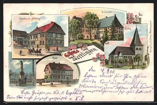 Lithographie Nettlingen, Kirche, Schloss, Kriegerdenkmal, Post