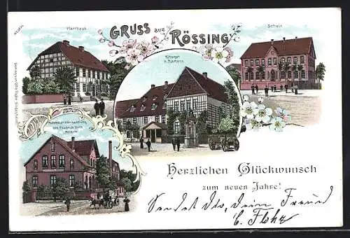 Lithographie Rössing, Materialwarenhandlung v. Friedrich Nolte, Rittergut H. Martens, Pfarrhaus, Schule
