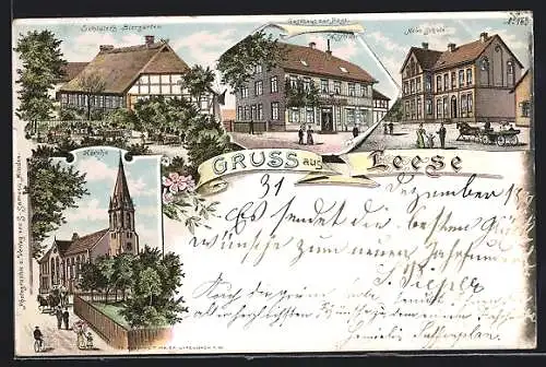 Lithographie Leese, Gasthaus zur Post, Schlüters Biergarten, Kirche, Neue Schule