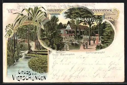 Lithographie Vierschlingen, Gasthaus v. Gust. Baumann, Gartenansicht