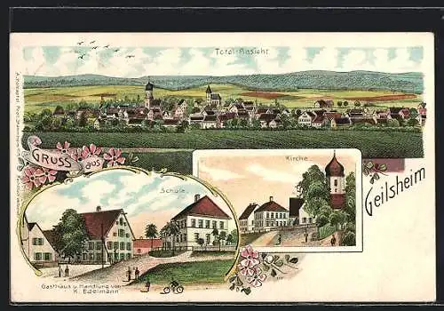 Lithographie Geilsheim, Gasthaus u. Handlung v. K. Edelmann, Kirche, Totalansicht