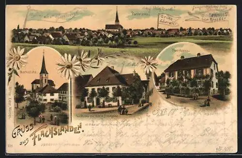 Lithographie Flachslanden, Gasthaus zur Krone mit Postagentur, Marktplatz, Pfarrhaus, Panorama