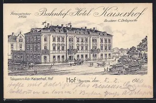 Lithographie Hof i. Bayern, Bahnhof-Hotel Kaiserhof, Bes. C. Delaporte