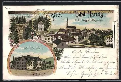 Lithographie Münchberg im Fichtelgebirge, Hotel Harttig, Bärenfang