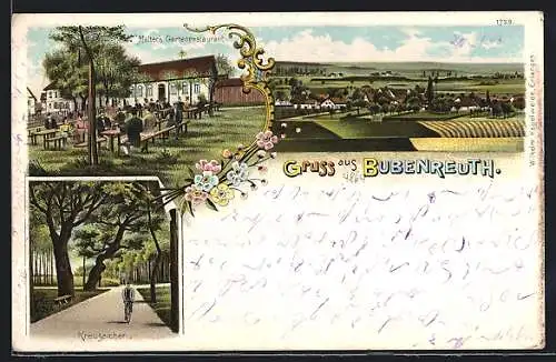 Lithographie Bubenreuth, Malters Gartenrestaurant, Kreuzeichen, Ortsansicht