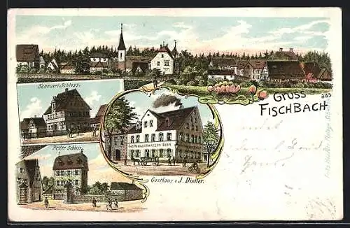 Lithographie Fischbach / Nürnberg, Gasthaus zum schwarzen Hahn v. J. Distler, Ortsansicht, Pellerschloss