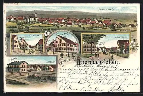 Lithographie Oberdachstetten, Bahnhof, Gasthaus zur Eisenbahn, Brauerei Haag