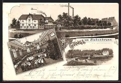 Lithographie Siebenbrunn / Augsburg, Gasthaus mit Garten, Saal