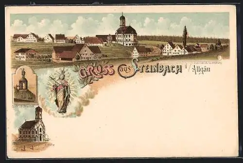 Lithographie Steinbach i. Allgäu, St. Ulrich-Brunnen, Kirche, Ortsansicht