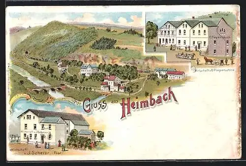 Lithographie Heimbach / Eifel, Wirtschaft v. J. Scherer, Wirtschaft v. E. Piepenstock