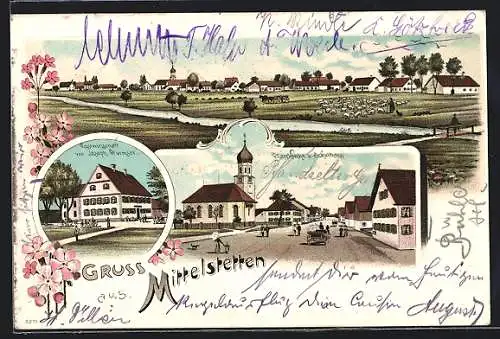 Lithographie Mittelstetten / Schwabmünchen, Totalansicht, Gasthaus von Joseph Wurmsee, Pfarrkirche