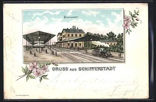 Lithographie Schifferstadt, Bahnhof mit Eisenbahn