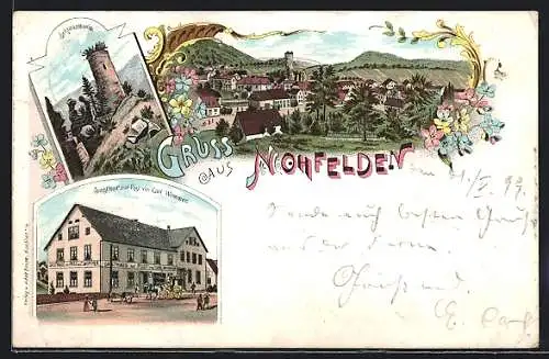 Lithographie Nohfelden, Gasthof zur Post v. Carl Wommer, Schlossturm und Ansicht des Ortes