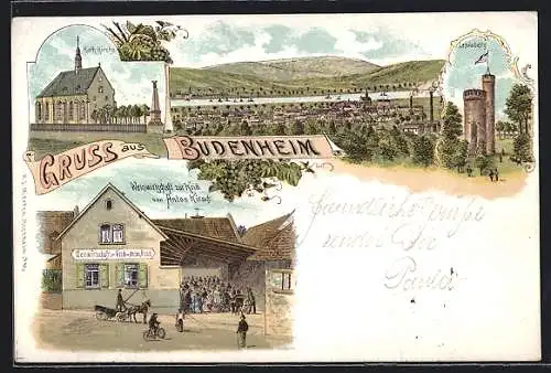 Lithographie Budenheim, Weinwirtschaft zur Krim v. Anton Kirsch, Kath. Kirche, Leniaberg