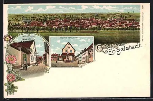 Lithographie Engelstadt, Krieger-Denkmal, Gesamtansicht, Gastwirtschaft von F. Hoch