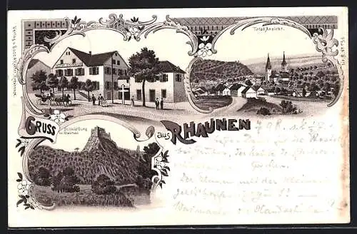 Lithographie Rhaunen, Hotel Ehrhardt, Schmidtburg, Totalansicht