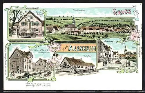 Lithographie Abenheim, Restaurant zum Bahnhof, Krieger-Denkmal, Bahnhof, Ortsansicht