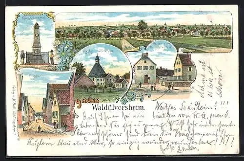 Lithographie Waldülversheim, Rathaus und Bürgermeisterei, Kriegerdenkmal, Kirche und Pfarrhaus