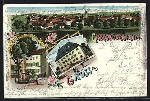 Lithographie Erbesbüdesheim, Totalansicht mit Krieger-Denkmal