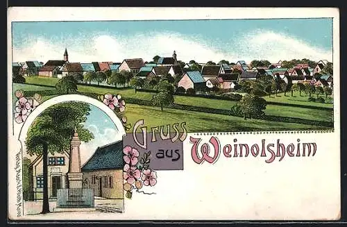 Lithographie Weinolsheim, Kriegerdenkmal, Ortsansicht aus der Vogelschau