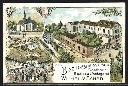 Lithographie Bischofsheim b. Mainz, Gasthaus Saalbau u. Metzgerei Wilhelm Schad