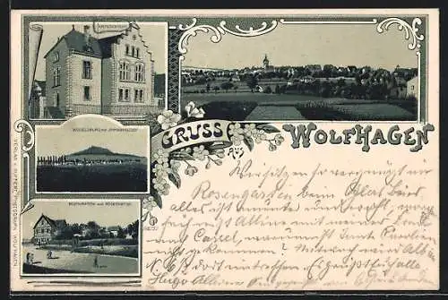 Lithographie Wolfhagen, Restauration zum Rosengarten, Amtsgericht, Ortsansicht