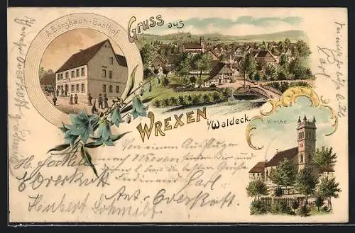 Lithographie Wrexen i. Waldeck, Gasthof A. Borghaus, Kirche, Ortsansicht