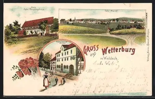 Lithographie Wetterburg, Gastwirtschaft Ch. Frese, Burg Petri Erholungshaus & Ortsansicht