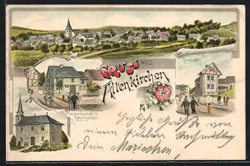 Lithographie Altenkirchen / Hohenahr, Gastwirtschaft v. Peter Schäfer, Forsthaus, Kirche