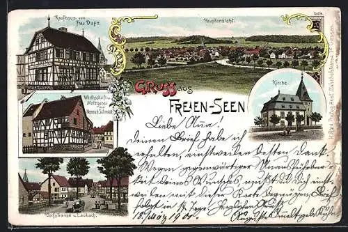 Lithographie Freienseen, Gasthof und Metzgerei von H. Schmidt, Dorfstrasse, Kaufhaus von Frau Duft