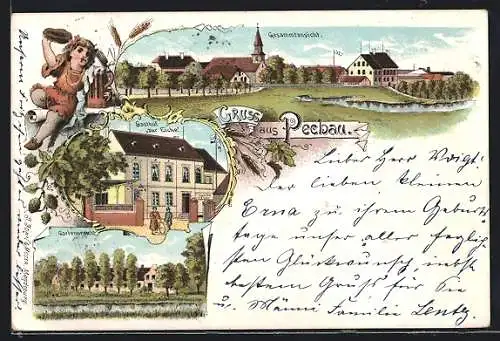 Lithographie Pechau, Gasthof zur Eiche, Gesamtansicht vom Ort