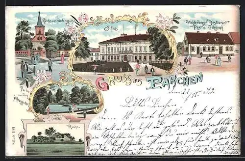 Lithographie Parchen, Wohlenbergs Restaurant Post, Schloss, Kirche mit Friedenseiche