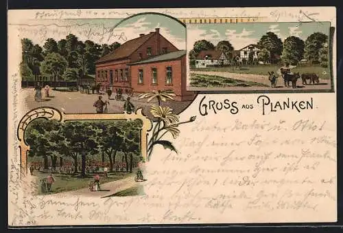 Lithographie Planken, Gasthaus, Gehöft, Park