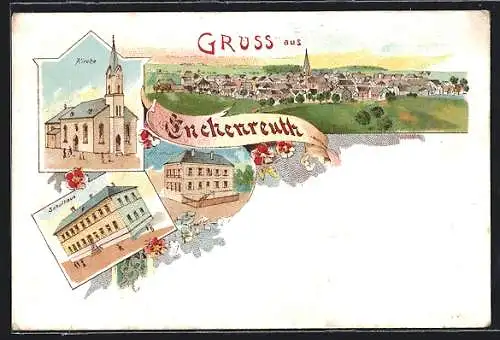 Lithographie Enchenreuth, Rathaus, Schule, Kirche, Ortsansicht