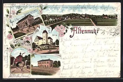 Lithographie Altenmuhr, Bahnhof-Restaurant, Kirche, Bahnhof, Thor, Totalansicht