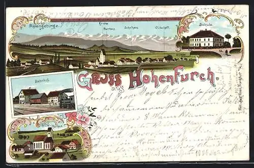 Lithographie Hohenfurch, Bahnhof, Schule, Kirche und Pfarrhaus